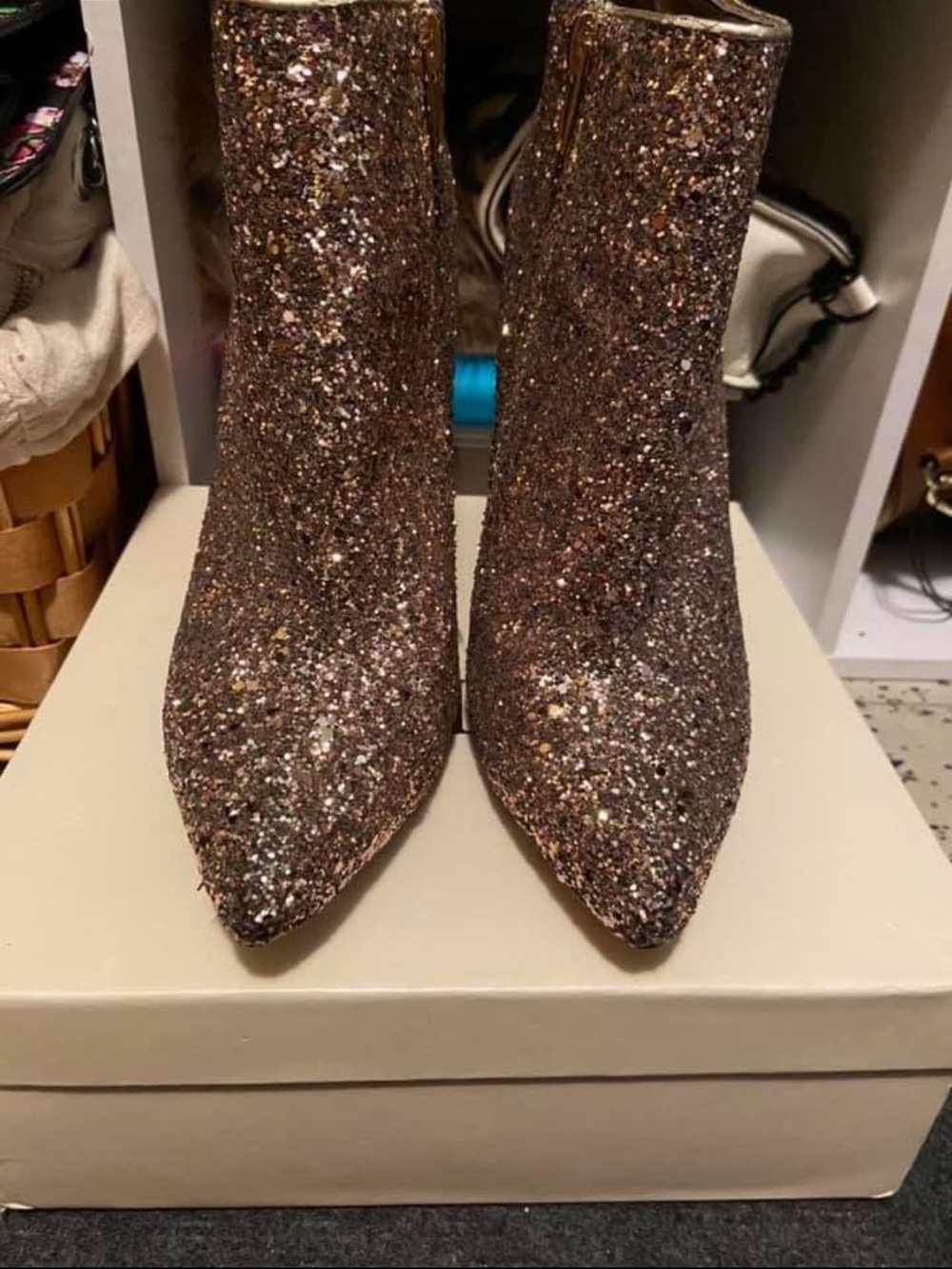 Sparkle Pointed Toe Ankle Boots — Brown Glitter